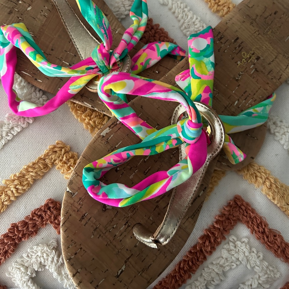 Lilly Pulitzer Harbor Sandals Shady Lady Multi Strap Thong EUC